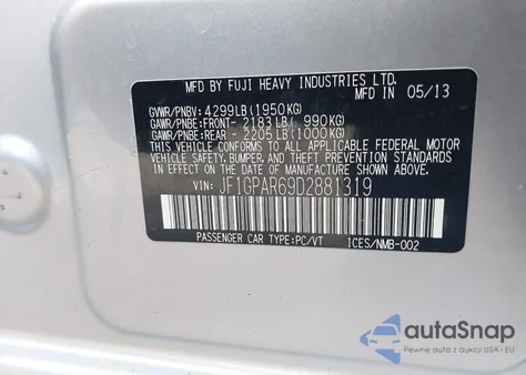 2013 Subaru Impreza 2.0I Sport Limited from USA, damaged, VIN JF1GPAR69D2881319